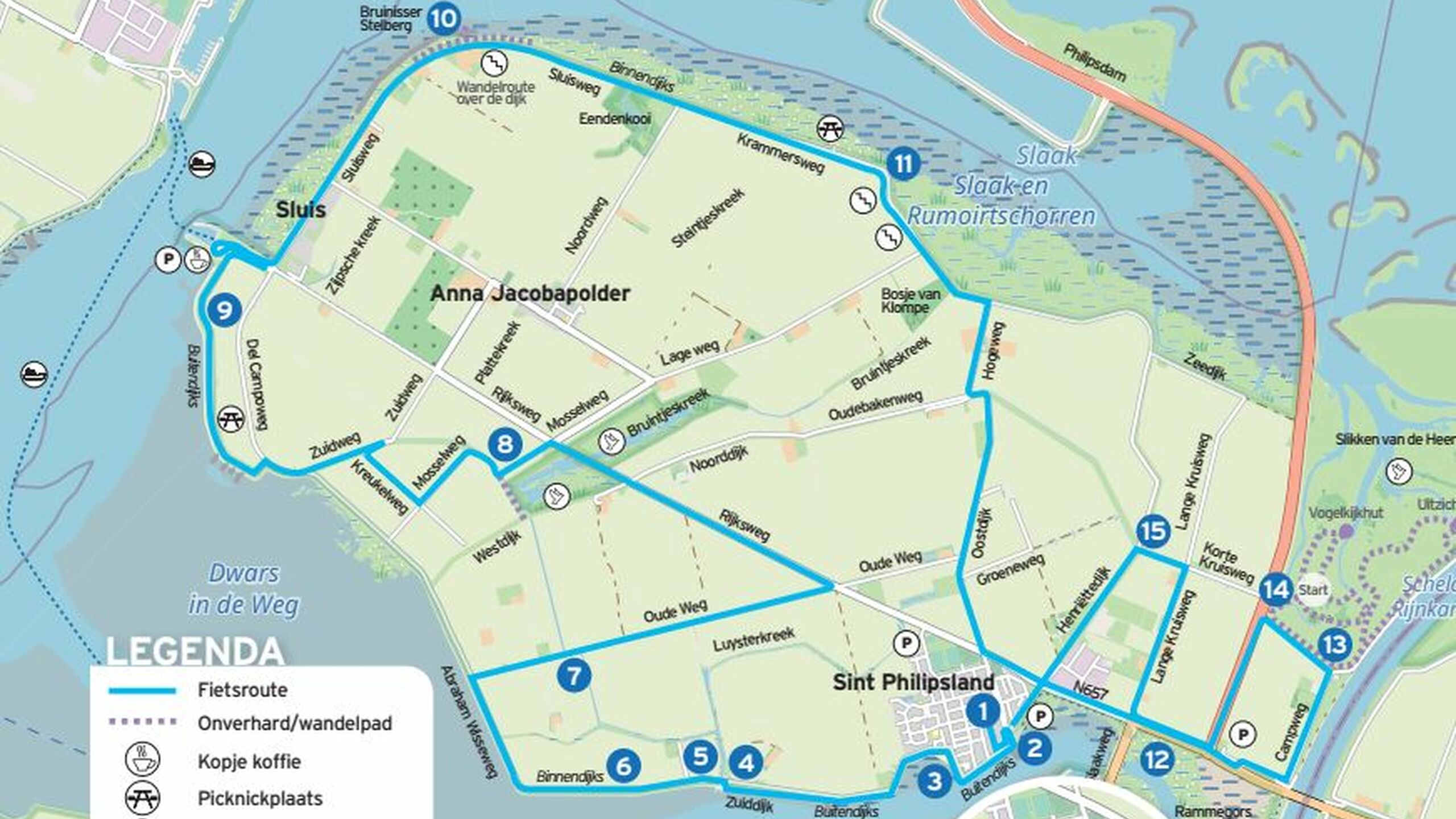 Een kaart van Sint Philipsland met daarop een fietsroute aangegeven.