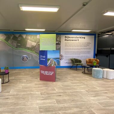 De binnenruimte van het informatiecentrum met een groot wandpaneel van het te versterken dijktraject in Hansweert