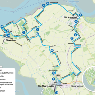 Een kaart van Tholen met daarop een fietsroute aangegeven.