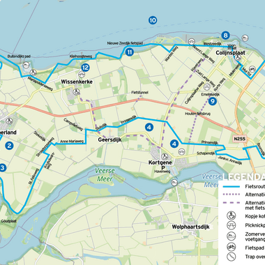 Een kaart van Noord-Beveland met daarop een fietsroute aangegeven.