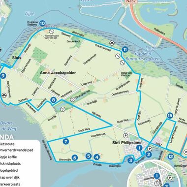 Een kaart van Sint Philipsland met daarop een fietsroute aangegeven.